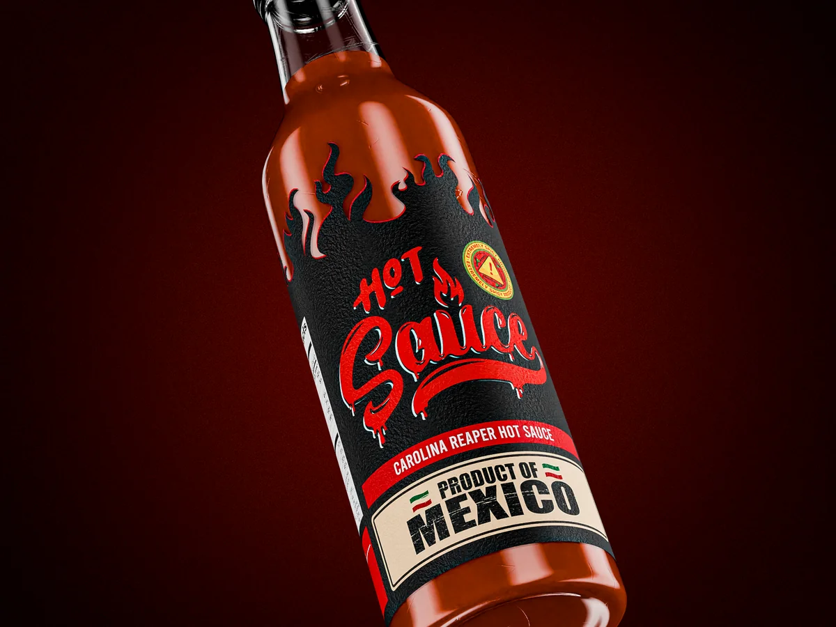 Carolina Reaper hot sauce bottle with a black label laser cut into flames along its top edge