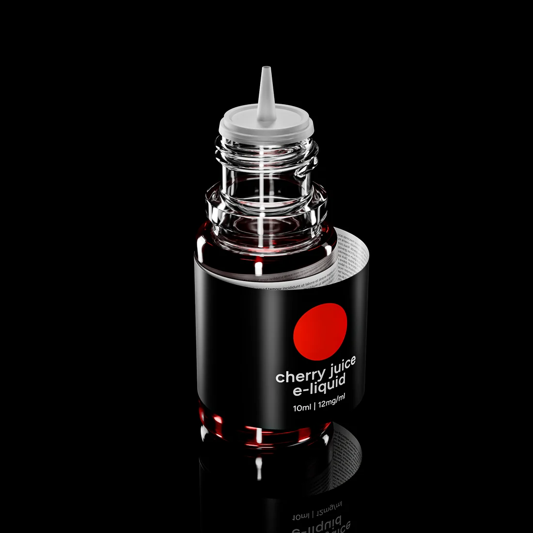 Cherry juice e-liquid bottle with a black peel & reveal label — top ply lifted to show the inner ingredient panel